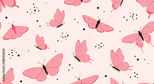 A delicate pattern of pink butterflies with black dots on a light pink background.