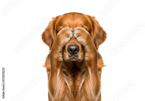 A golden retriever dog with paws covering its eyes, against a pure black background, creates a humorous and engaging image.