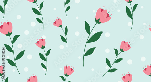 A gentle pattern of delicate pink flowers blooming on a mint green background.