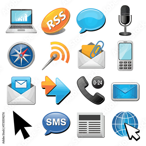 Collection of Communication Icons Laptop, RSS, Speech Bubble, Microphone, Compass, Antenna, Mail, Mobile, Globe