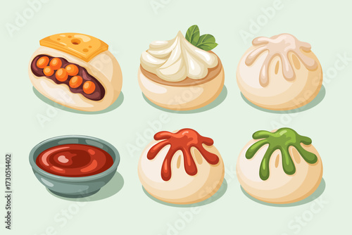 Delicious Asian buns with various toppings vector illustration perfect for menu designs and food blogs