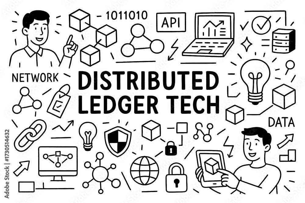 Fototapeta premium doodle composition of distributed ledger technology with blockchain, data transfer, and security icons, Transparent Background