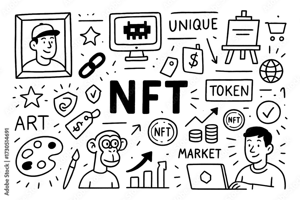 Fototapeta premium doodle composition with NFT blockchain art icons and digital ownership symbols, Transparent Background