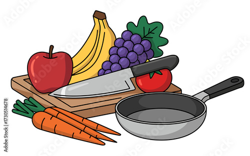 Healthy Cooking Preparation Still Life with Fruits Vegetables and a Frying Pan Kitchen Scene