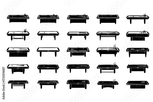 Snooker Table Icons Set: Collection of Billiard and Snooker Tables in Various Configurations, Gameplay, Table Designs, Cue Sport.