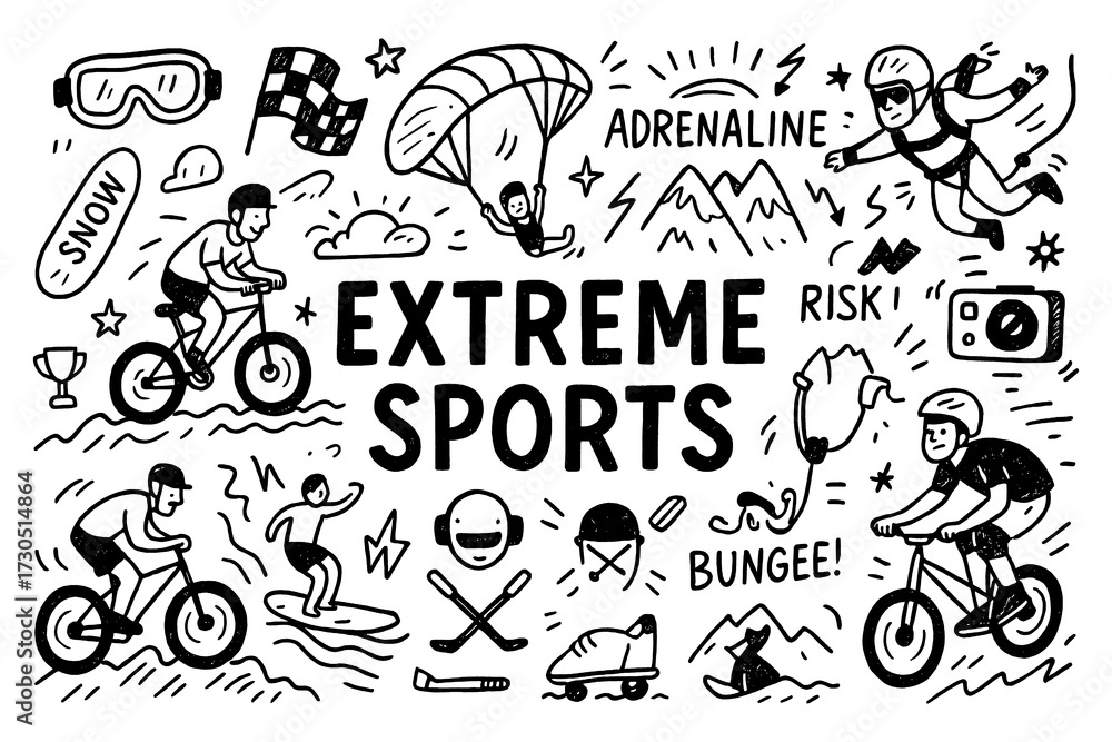 Fototapeta premium doodle composition with extreme sports activities and adventure icons, Transparent Background