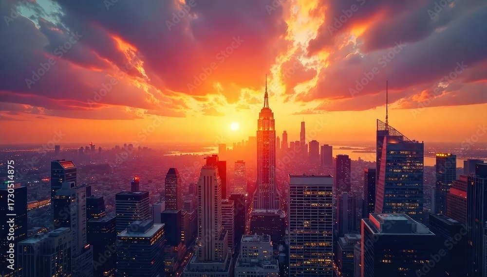 Fototapeta premium A gleaming cityscape skyline at sunset, symbolizing the vast potential and prosperity of a thriving enterprise Ambitious growth and financial success are depicted , victory, financial, skyline