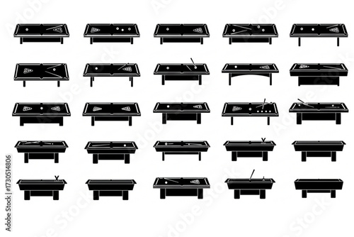 Snooker Table Icons Set: Collection of Billiard and Snooker Tables in Various Configurations, Gameplay, Table Designs, Cue Sport.