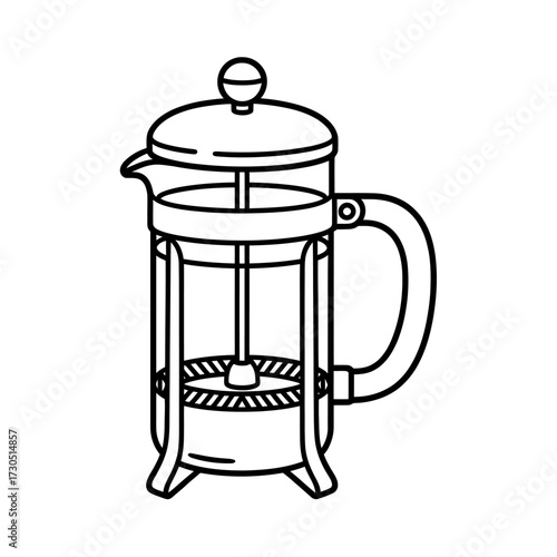 Detailed black and white line art of a French press coffee maker ready for brewing the perfect cup