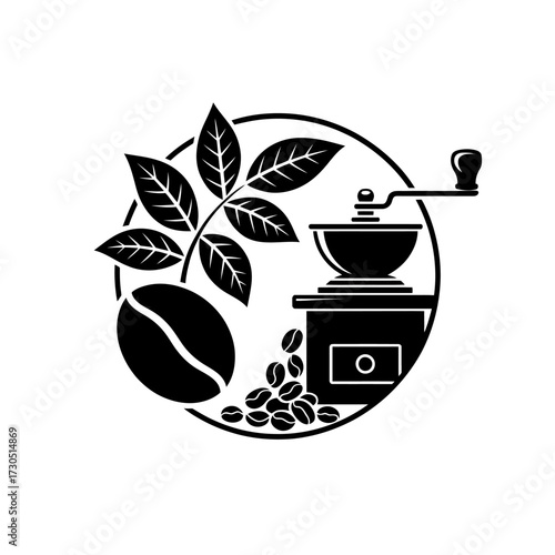 Elegant coffee themed design with bean leaves and grinder ideal for branding and logo creation showing freshness and quality in coffee preparation