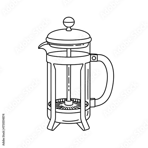 French Press Coffee Maker Outline Design Minimalist Kitchen Illustration Preparing Delicious Coffee in the Morning at Home with Modern Style