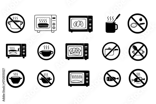 Microwave Safe Icons Set: Black & White Oven Safe/Not Safe Signs, Food, Utensils, Heating, Kitchen, Cooking, Safety, Appliance.