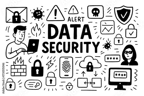 doodle composition with data security icons and online protection elements, Transparent Background