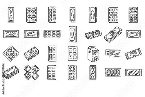Chewing Gum Icons Set: Various Types of Gum Displayed, Packaging Styles, Flavours, Forms, Candy, Bubble Gum, Confectionery, Sweets.