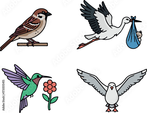 Diverse Bird Illustrations: Sparrow, Stork Delivering Baby, Hummingbird by Flower, and Flying Seagull