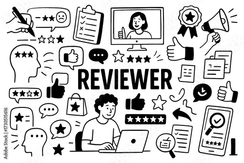 doodle composition with reviewer icons and online feedback elements, Transparent Background