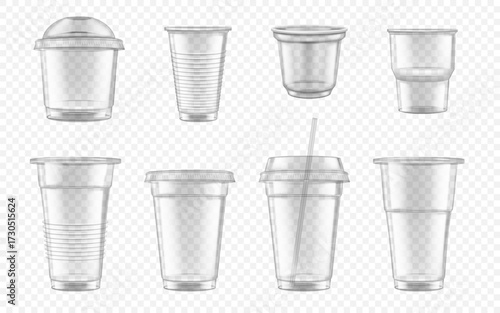 Transparent cup. Clear plastic mockup. Disposable coffee container. Empty soda drink glass with lid. Cocktail and milkshake tableware. Tableware mug. Vector realistic mock up objects set