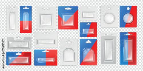 Blister mockup. Plastic box pack. Square hang case or white clamshell. 3D cardboard container for product. Individual holder with transparent display. Clear package. Vector objects set