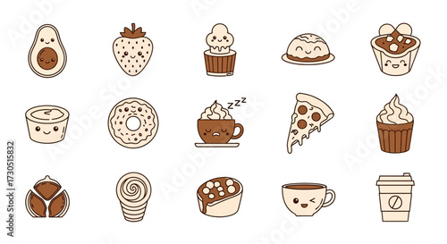 Kawaii Food and Drink Icons Avocado Strawberry Cupcake Pizza Coffee.