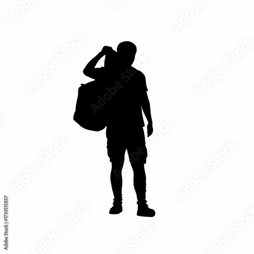 Silhouette of rice mill worker wiping sweat while holding sack isolated on white background