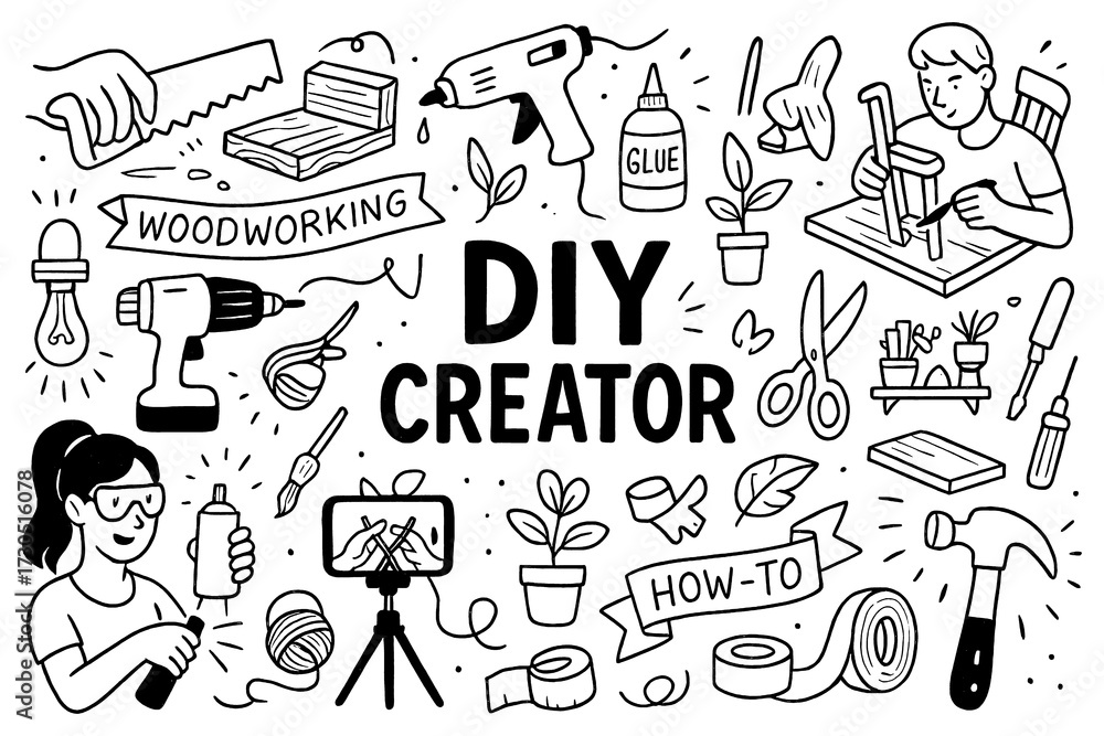 Obraz premium doodle composition with diy creator tools and crafting elements, Transparent Background