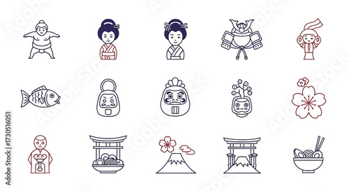 Japanese cultural symbols line art collection featuring traditional elements with a clean minimalist vector design.