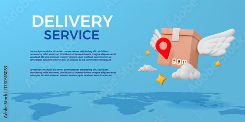3D delivery box. Free shipment. Cargo parcel package with wings. Fast online freight. Speed cardboard pack. Logistic service banner template. Destination map pin. Vector background
