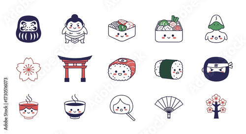 Cute Japanese Culture Icons Daruma Sumo Sushi Torii Gate Ninja Cherry Blossoms Tea Cups and Fans Kawaii Style.