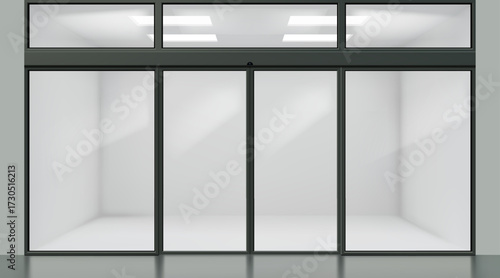 Glass door. Office window front view. Shop building storefront transparent frame. 3D doorframe. Mall facade. Empty boutique. Realistic metal entrance. Vector architecture exterior mockup