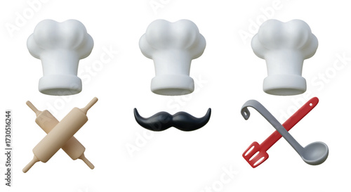 3D chef icon. Kitchen cook hat. Professional food utensils or fine wear uniform. Cooking ladle and toque. Render baker mustache. Cooker cutlery. Meal preparation. Vector cartoon logo set