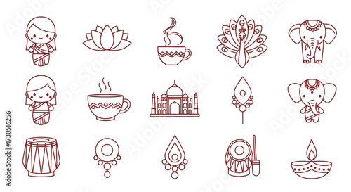 Adorable Indian Girl in Sari Simple Outline Style Smiling Face.