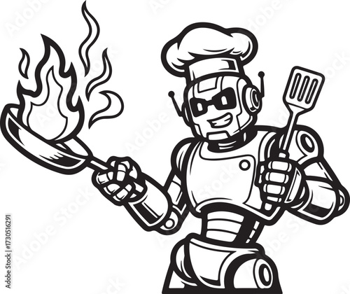 Robotic Chef Character Cooking with Flaming Frying Pan and Spatula