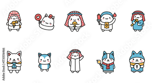 Adorable Kawaii Cartoon Character Collection Cute Cats and Figures in Traditional Middle Eastern Attire.
