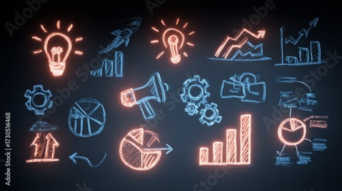 Creative Business Brainstorming Session with Graphs and Ideas, Modern Office, Digital Illustration, Innovative Environment