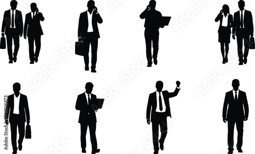 Business professionals walking in silhouette, formal attire, briefcase, laptop, corporate team, office workers, career path, professional motion, success