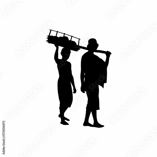 Supervisor guiding rice mill laborer silhouette isolated on white background
