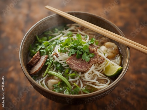 Traditional Vietnamese Pho Noodle Soup with Beef Herbs and Lime in Bowl