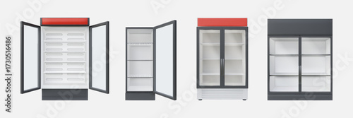 Fridge mockup. Restaurant freezer. 3D commercial equipment or glass supermarket door. Handle drinks cooler front view. Open and close freezing rack. Vector isolated interior objects set