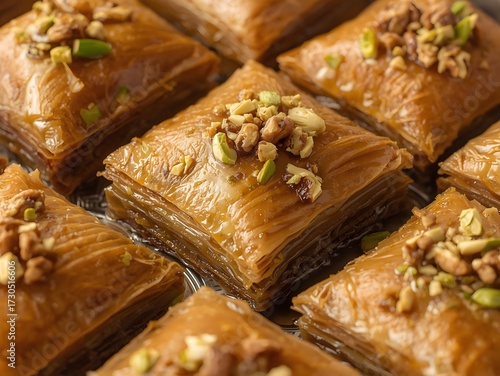 Traditional Baklava Pastry with Honey Syrup and Crushed Nuts Close Up
