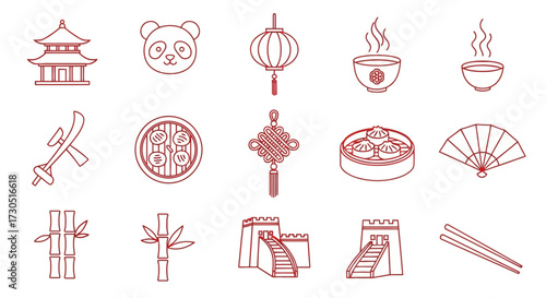 Chinese Culture Icons Pagoda Panda Lantern Tea Sword Dumplings Knot Fan Bamboo Wall.
