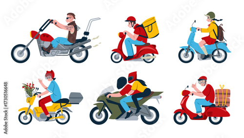 Motorcycle rider. People drive motorbikes. Courier riding scooter. Woman and man in helmets on bikes. Vehicle side view. Transport delivery. Speed race. Vector motor biker persons set