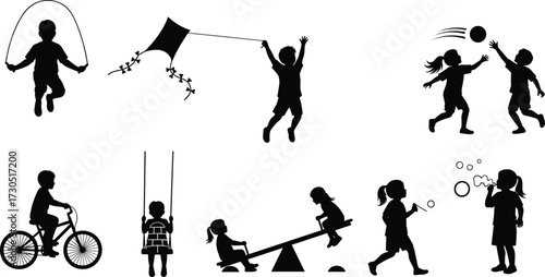 Children silhouettes playing outdoors, jumping rope, flying kite, riding bicycle, blowing bubbles, swinging, seesaw fun, active kids, outdoor recreation