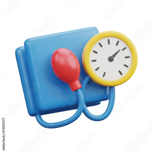 A 3D icon of a blue sphygmomanometer with a red bulb and yellow gauge for measuring blood pressure.