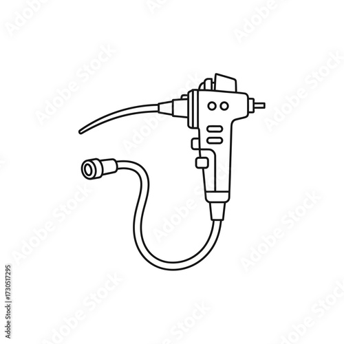 A black and white line drawing of a medical endoscope with a flexible tube and connector.