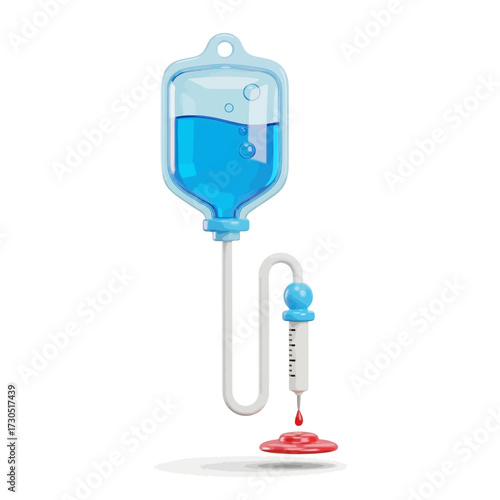 A 3D rendered illustration of an intravenous drip bag with blue liquid and a red drop.
