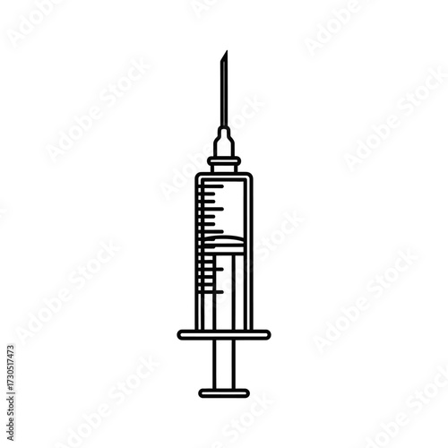 A black and white line art illustration of a medical syringe with a needle, isolated on a white background.