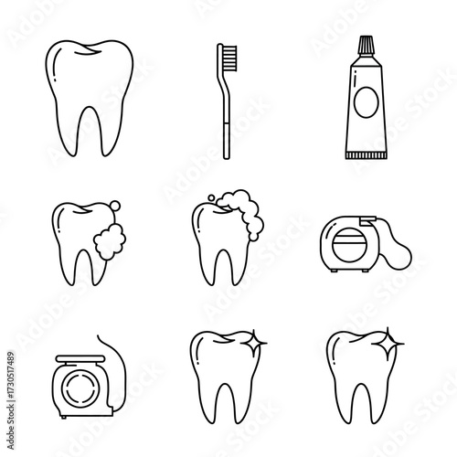 Collection of dental hygiene and oral health care icons, including teeth, toothbrush, and floss.