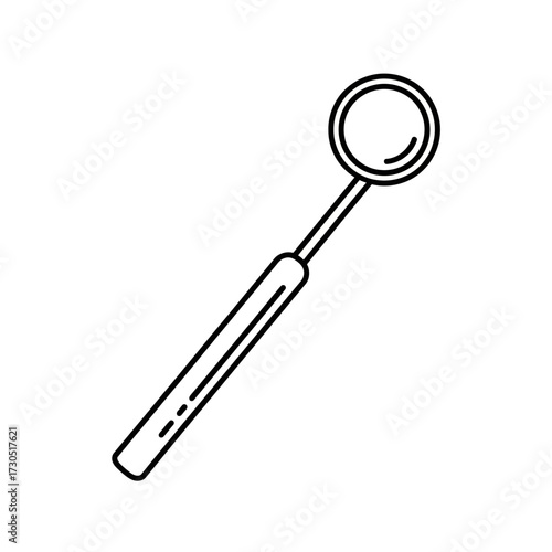 A black and white line art icon of a dental mirror, a professional tool used for oral examination and dentistry, isolated on a white background.