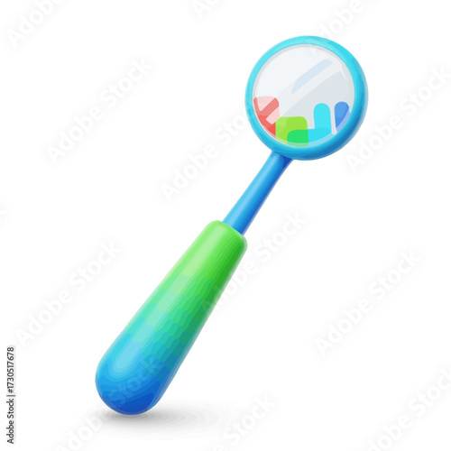 A vibrant blue and green baby rattle with a clear circular top containing colorful geometric shapes, isolated on a white background.
