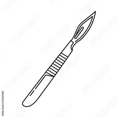 A black and white line art illustration of a surgical scalpel, a medical instrument used for cutting and dissection.
